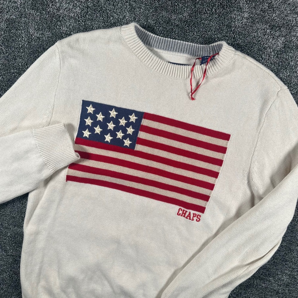 Chaps Sweater Mens S American Flag Cream Red Blue Cotton Pullover Americana USA